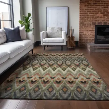 5' X 8' Taupe Olive Green And Beige Southwestern Washable Indoor Outdoor Area Rug