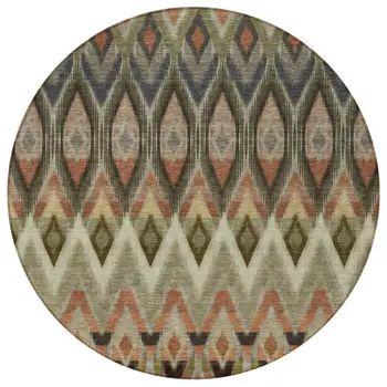 8' Taupe Olive Green And Beige Round Southwestern Washable Indoor Outdoor Area Rug