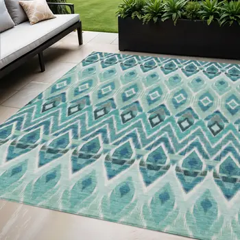 5' X 8' Teal Blue Aqua And Mint Green Southwestern Washable Indoor Outdoor Area Rug
