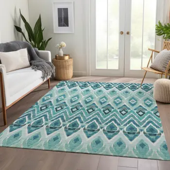 9' X 12' Teal Blue Aqua And Mint Green Southwestern Washable Indoor Outdoor Area Rug