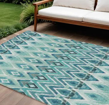 10' X 14' Teal Blue Aqua And Mint Green Southwestern Washable Indoor Outdoor Area Rug