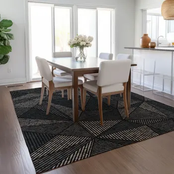 5' X 8' Black Charcoal And Gray Geometric Washable Indoor Outdoor Area Rug
