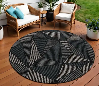 8' Black Charcoal And Gray Round Geometric Washable Indoor Outdoor Area Rug