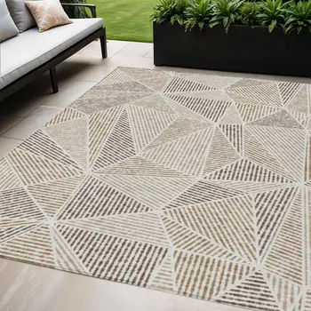 5' X 8' Brown Taupe And Beige Geometric Washable Indoor Outdoor Area Rug