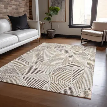 8' X 10' Brown Taupe And Beige Geometric Washable Indoor Outdoor Area Rug