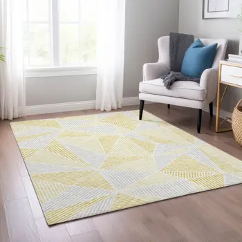 5' X 8' Gold Gray And Wheat Geometric Washable Indoor Outdoor Area Rug