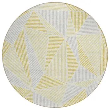 8' Gold Gray And Wheat Round Geometric Washable Indoor Outdoor Area Rug