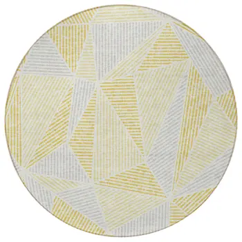 8' Gold Gray And Wheat Round Geometric Washable Indoor Outdoor Area Rug