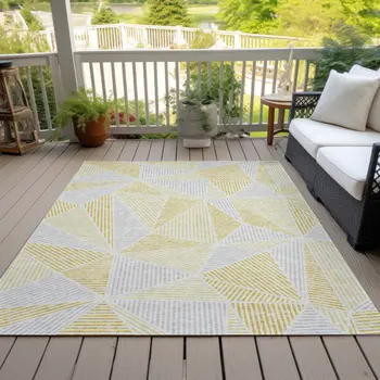 9' X 12' Gold Gray And Wheat Geometric Washable Indoor Outdoor Area Rug