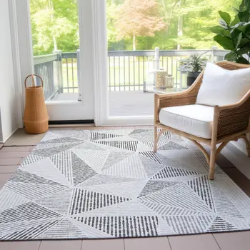 3' X 5' Gray Charcoal And Silver Geometric Washable Indoor Outdoor Area Rug