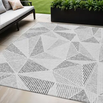 5' X 8' Gray Charcoal And Silver Geometric Washable Indoor Outdoor Area Rug