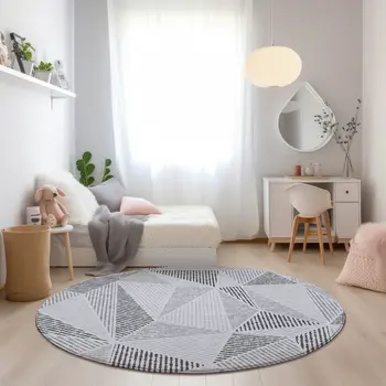 8' Gray Charcoal And Silver Round Geometric Washable Indoor Outdoor Area Rug