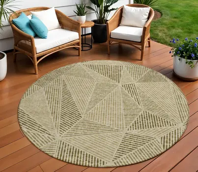 8' Khaki Brown And Beige Round Geometric Washable Indoor Outdoor Area Rug