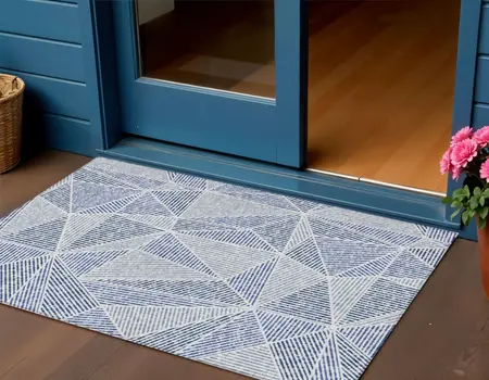 3' X 5' Navy Blue And Denim Blue Geometric Washable Indoor Outdoor Area Rug