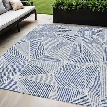 5' X 8' Navy Blue And Denim Blue Geometric Washable Indoor Outdoor Area Rug