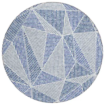 8' Navy Blue And Denim Blue Round Geometric Washable Indoor Outdoor Area Rug