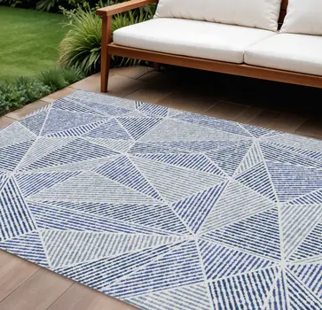 10' X 14' Navy Blue And Denim Blue Geometric Washable Indoor Outdoor Area Rug