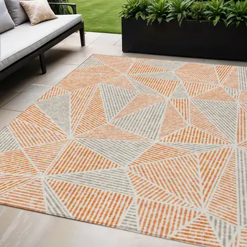 5' X 8' Orange Gray And Silver Geometric Washable Indoor Outdoor Area Rug