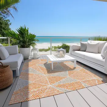 5' X 8' Orange Gray And Silver Geometric Washable Indoor Outdoor Area Rug