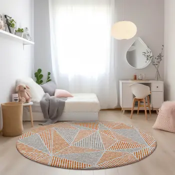 8' Orange Gray And Silver Round Geometric Washable Indoor Outdoor Area Rug