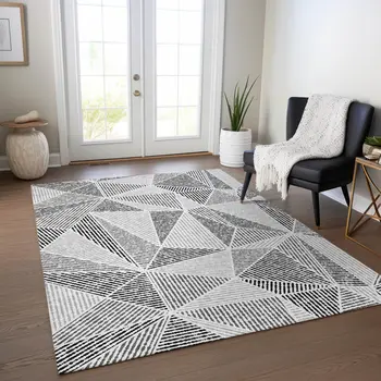 3' X 5' Pewter Charcoal And Gray Geometric Washable Indoor Outdoor Area Rug