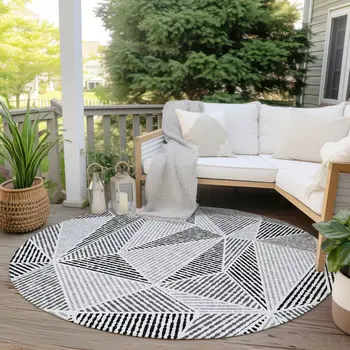 8' Pewter Charcoal And Gray Round Geometric Washable Indoor Outdoor Area Rug