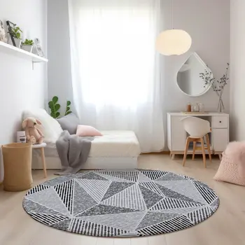 8' Pewter Charcoal And Gray Round Geometric Washable Indoor Outdoor Area Rug