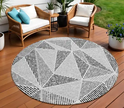 8' Pewter Charcoal And Gray Round Geometric Washable Indoor Outdoor Area Rug