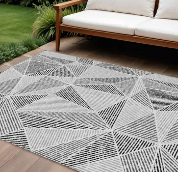 9' X 12' Pewter Charcoal And Gray Geometric Washable Indoor Outdoor Area Rug