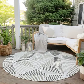 8' Taupe Brown And Beige Round Geometric Washable Indoor Outdoor Area Rug