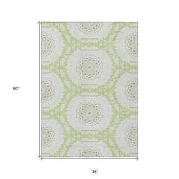 3' X 5' Artichoke Green Olive Green And Tan Floral Medallion Washable Indoor Outdoor Area Rug