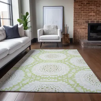 3' X 5' Artichoke Green Olive Green And Tan Floral Medallion Washable Indoor Outdoor Area Rug