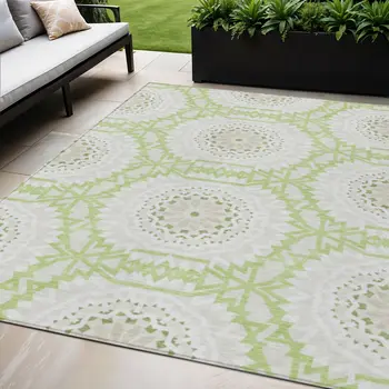 5' X 8' Artichoke Green Olive Green And Tan Floral Medallion Washable Indoor Outdoor Area Rug