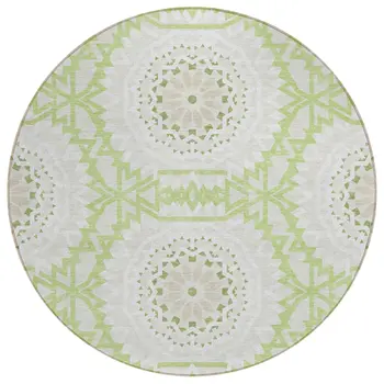 8' Artichoke Green Olive Green And Tan Round Floral Medallion Washable Indoor Outdoor Area Rug