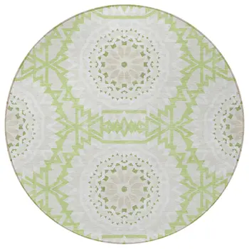 8' Artichoke Green Olive Green And Tan Round Floral Medallion Washable Indoor Outdoor Area Rug