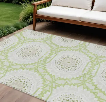 9' X 12' Artichoke Green Olive Green And Tan Floral Medallion Washable Indoor Outdoor Area Rug