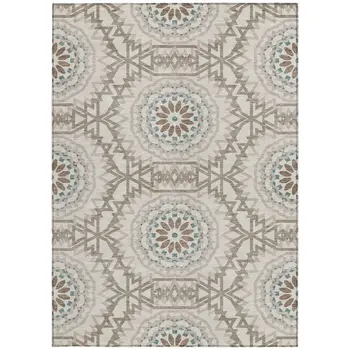 5' X 8' Beige Brown And Teal Blue Floral Medallion Washable Indoor Outdoor Area Rug