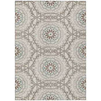 5' X 8' Beige Brown And Teal Blue Floral Medallion Washable Indoor Outdoor Area Rug