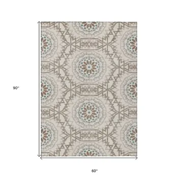 5' X 8' Beige Brown And Teal Blue Floral Medallion Washable Indoor Outdoor Area Rug