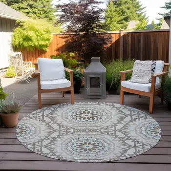 8' Beige Brown And Teal Blue Round Floral Medallion Washable Indoor Outdoor Area Rug