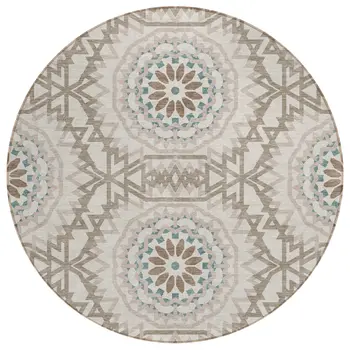 8' Beige Brown And Teal Blue Round Floral Medallion Washable Indoor Outdoor Area Rug