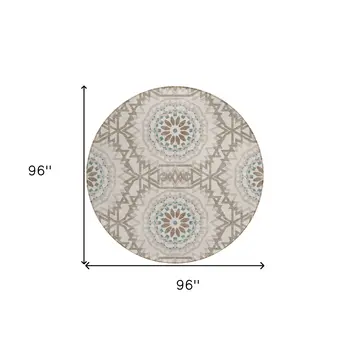 8' Beige Brown And Teal Blue Round Floral Medallion Washable Indoor Outdoor Area Rug
