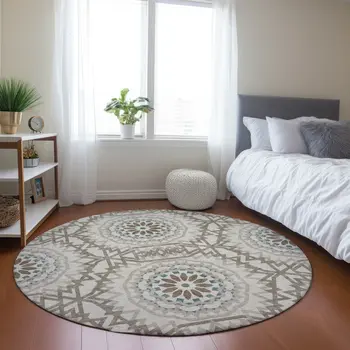 8' Beige Brown And Teal Blue Round Floral Medallion Washable Indoor Outdoor Area Rug