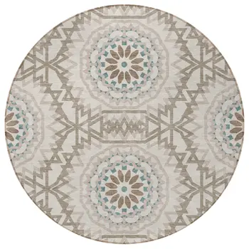 8' Beige Brown And Teal Blue Round Floral Medallion Washable Indoor Outdoor Area Rug