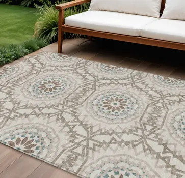 8' X 10' Beige Brown And Teal Blue Floral Medallion Washable Indoor Outdoor Area Rug