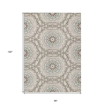 8' X 10' Beige Brown And Teal Blue Floral Medallion Washable Indoor Outdoor Area Rug