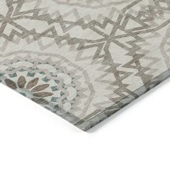 9' X 12' Beige Brown And Teal Blue Floral Medallion Washable Indoor Outdoor Area Rug