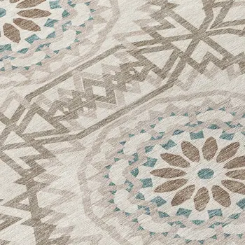 9' X 12' Beige Brown And Teal Blue Floral Medallion Washable Indoor Outdoor Area Rug