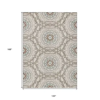 10' X 14' Beige Brown And Teal Blue Floral Medallion Washable Indoor Outdoor Area Rug