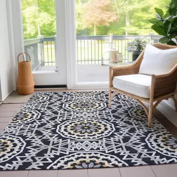 3' X 5' Black Ivory And Gray Floral Medallion Washable Indoor Outdoor Area Rug